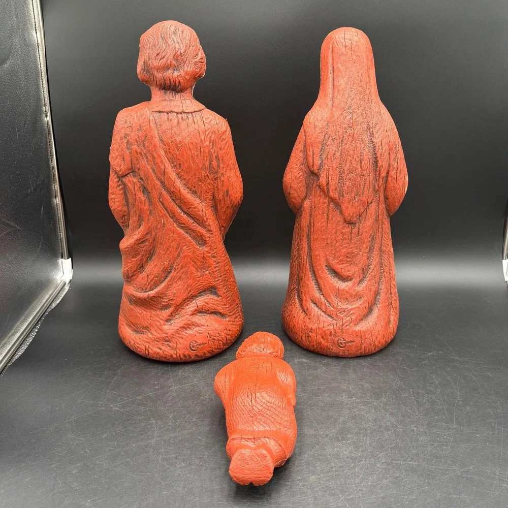 Empire Nativity Set Blow Mold Red 3pc Vtg Terracotta Faux Wood Grain Christmas